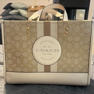 Coach Dempsey Beige Signature Stripe Tote with Leather Trim